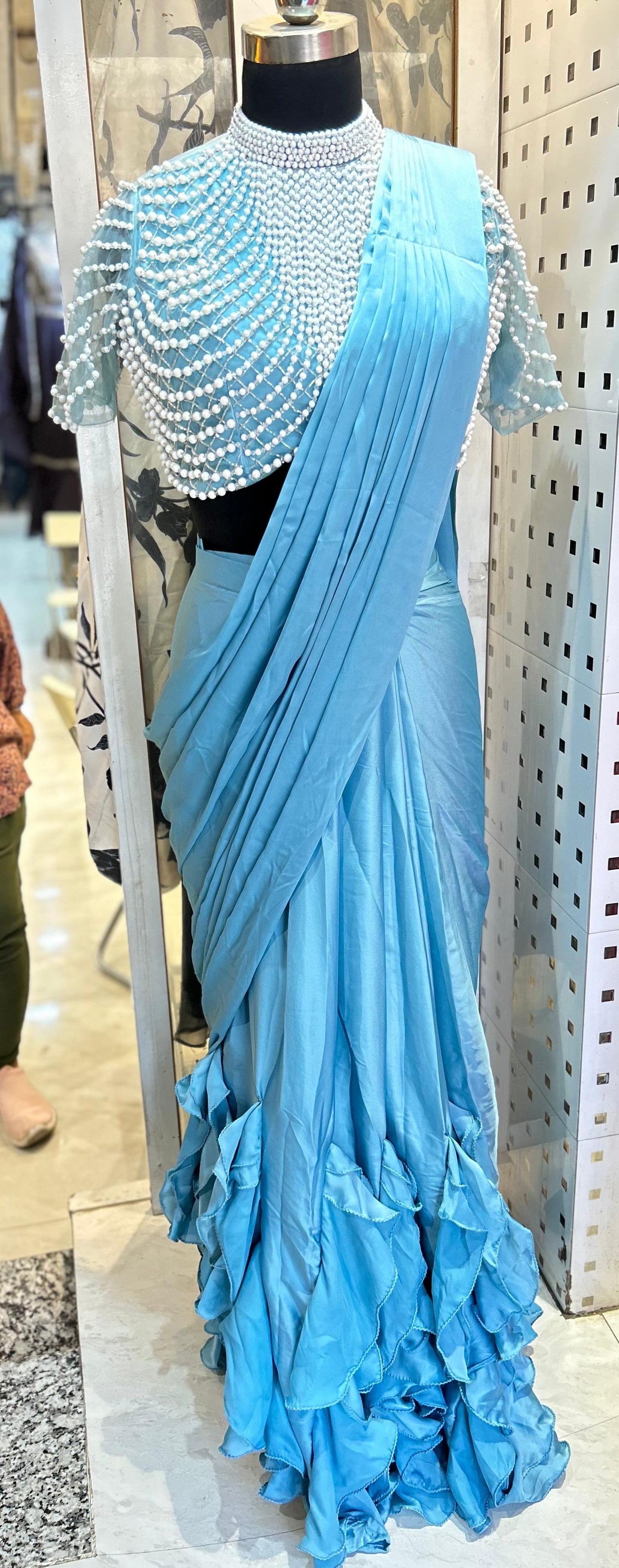 Pearl work Ruffle sari